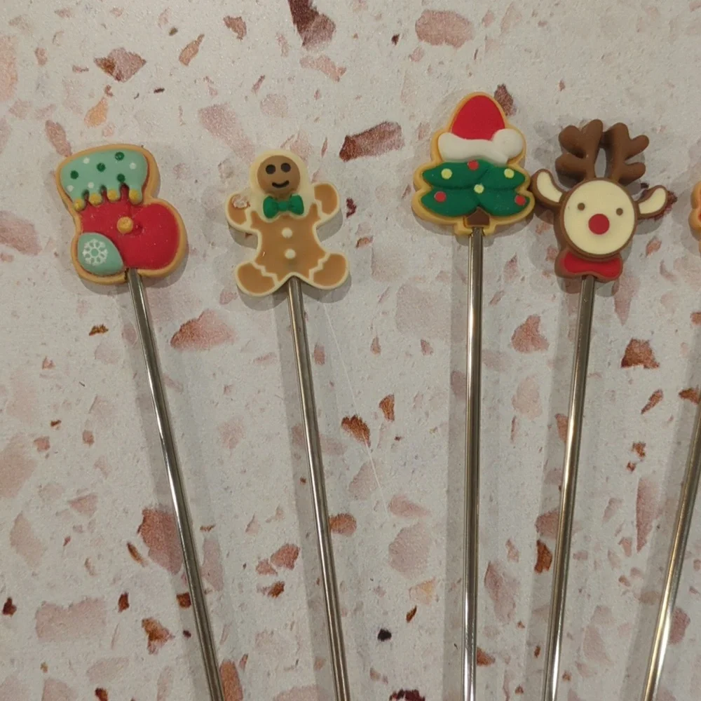 Christmas Swizzle Sticks | Set of 6 | Stainless Steel and Resin Stir Sticks